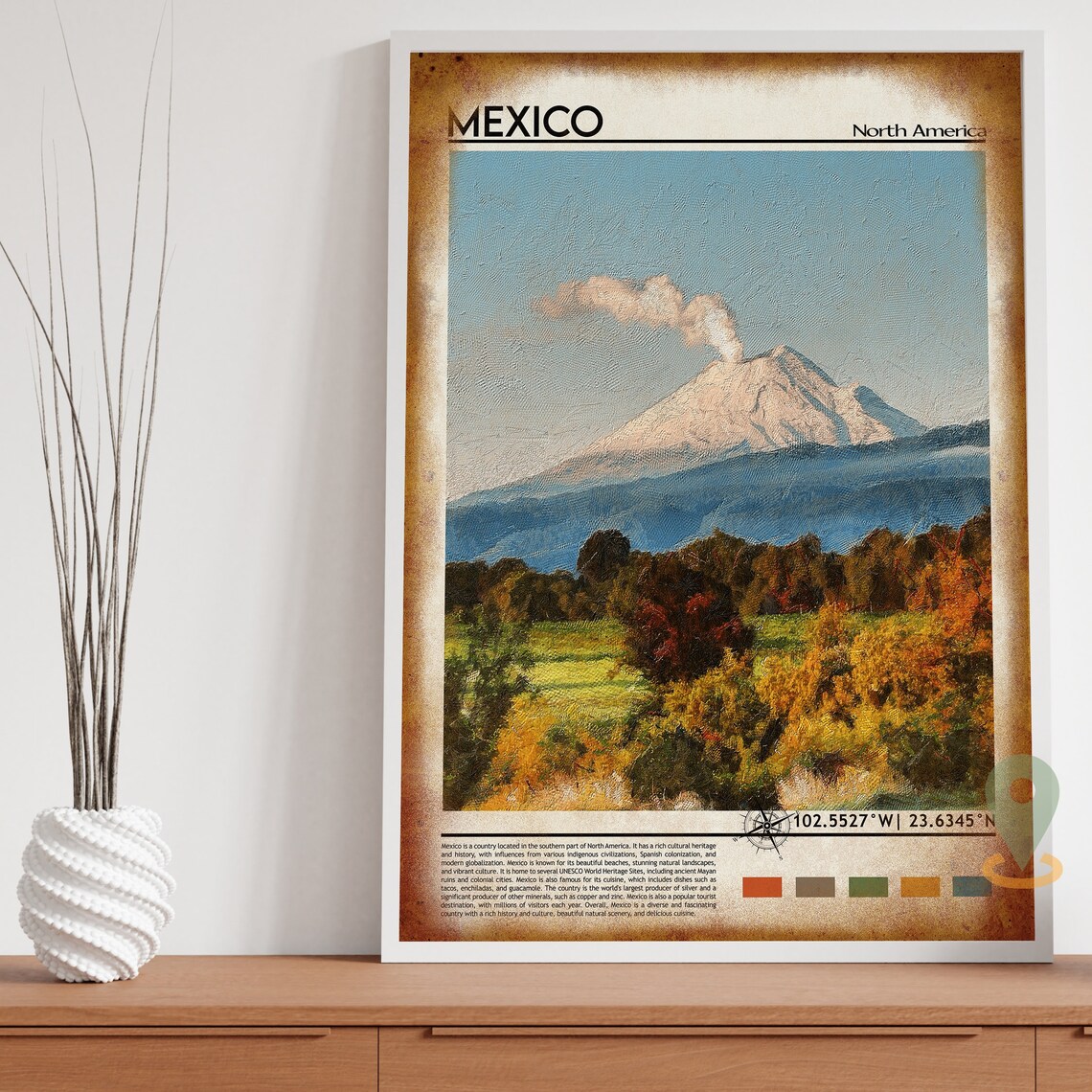 Mexico Smoking Volcano Autumn Hills Painted Landscape Travel Poster - Image 4