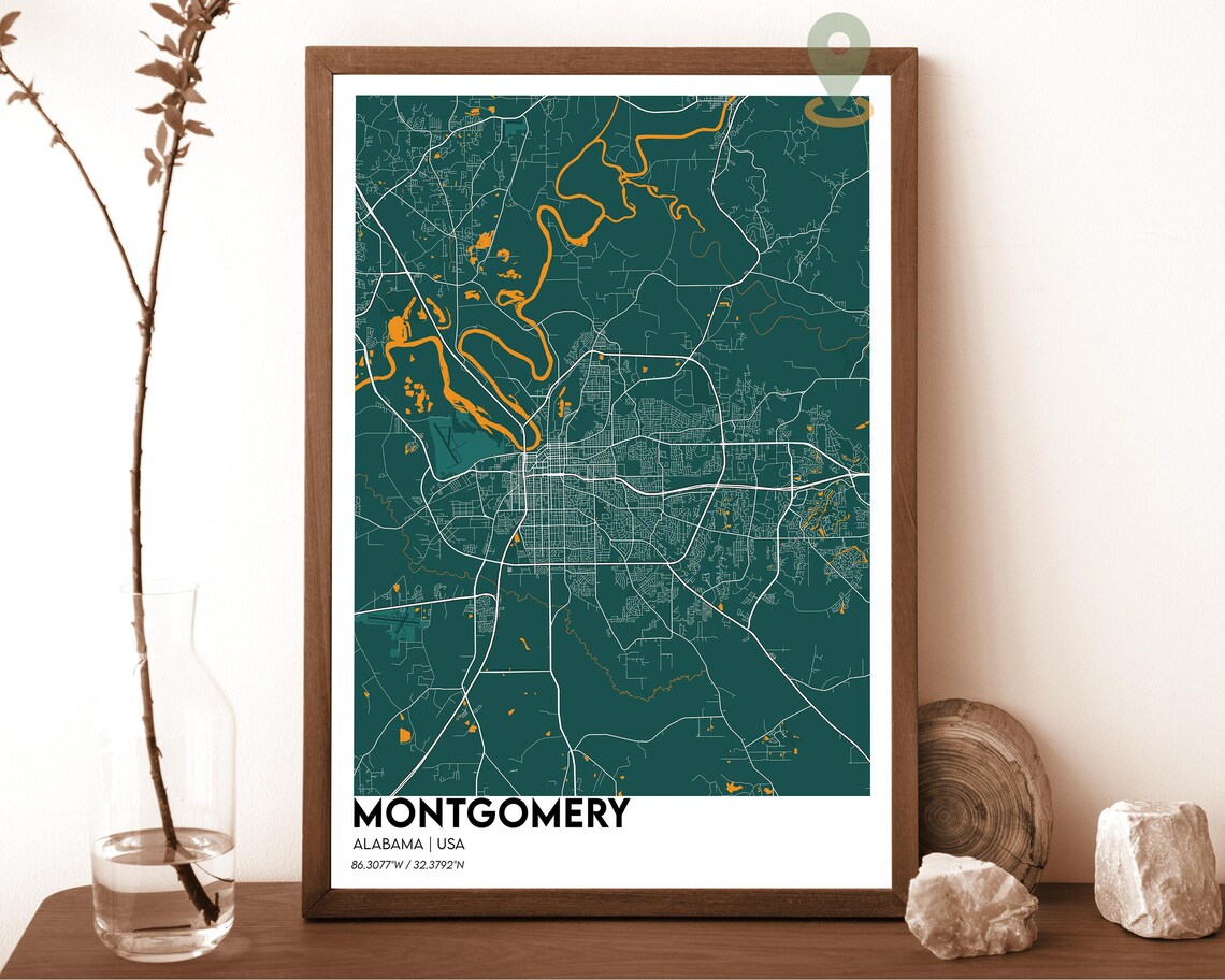 Montgomery Alabama crimson red with cream streets Street Map Coordinates Poster - Image 4