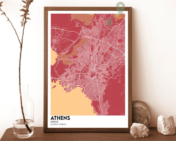 Athens Greece Bold Red Graphic Modern City Street Map Poster