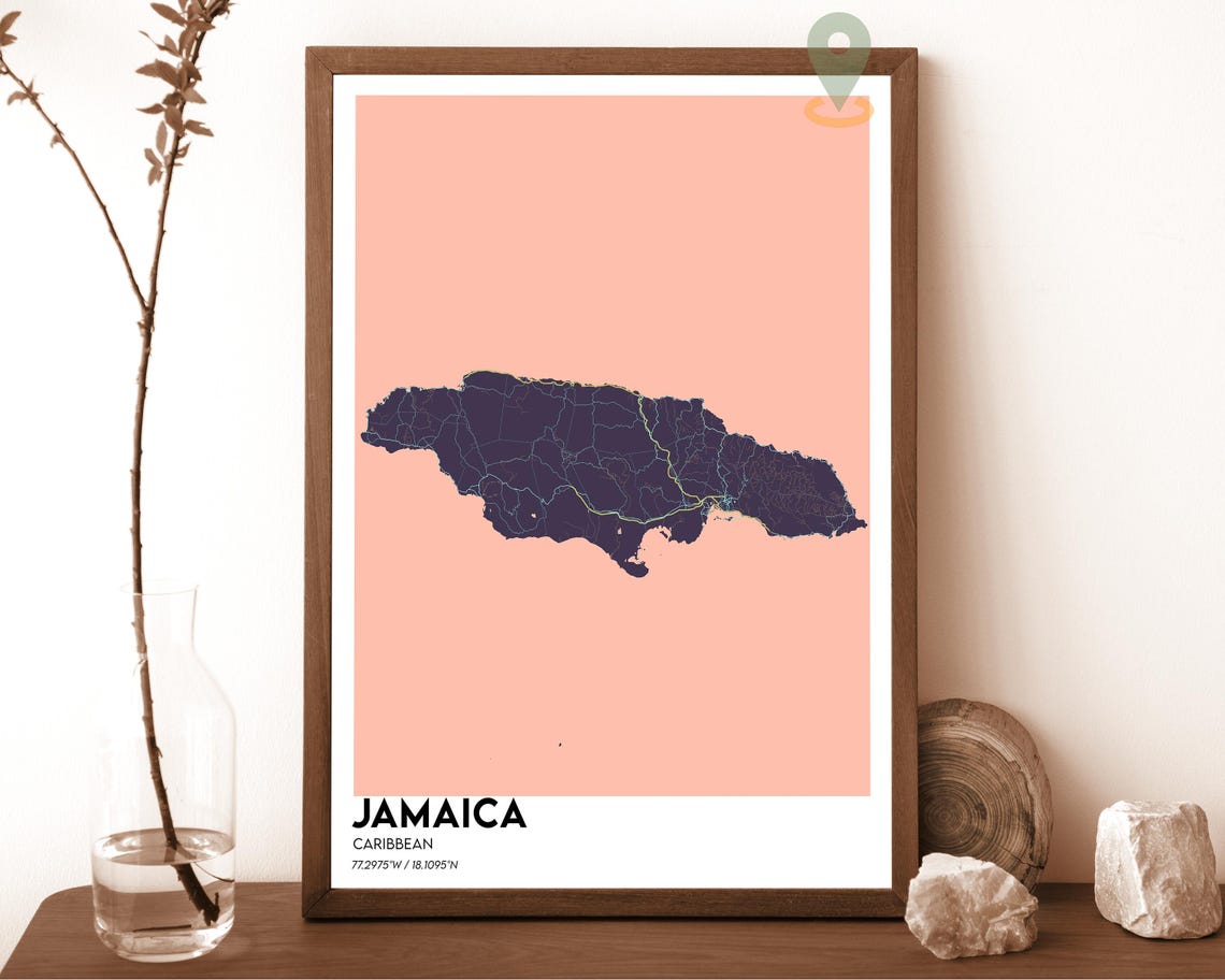 Jamaica Caribbean Island Map Parchment on Vintage Blue Poster - Image 6