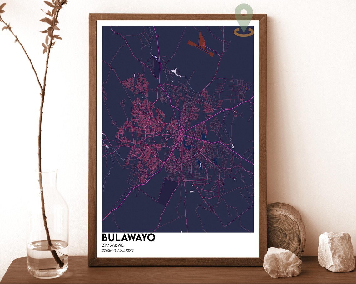 Bulawayo Zimbabwe City Map Art Poster Navy Magenta Modern Decor
