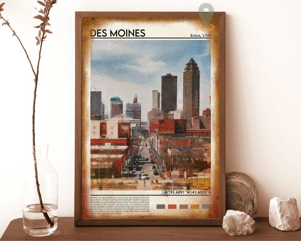 Des Moines Iowa Downtown Skyline Vintage Cityscape Photo Poster - Image 6