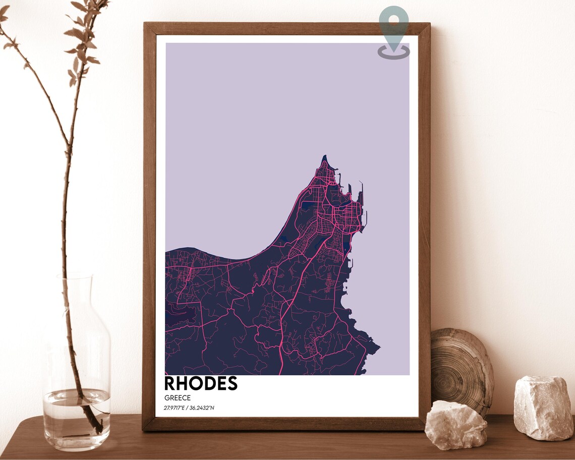 Rhodes Greece Coastal Turquoise Blue City Map Home Decor Poster - Image 2
