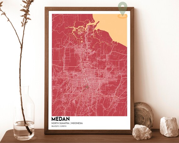 Medan North Sumatra Indonesia City Street Map Red Art Travel Poster