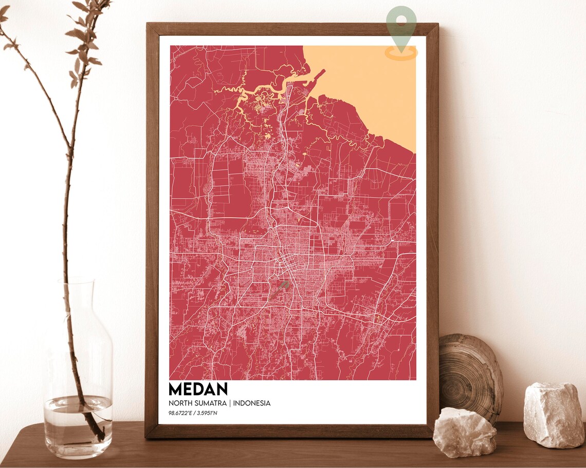 Medan North Sumatra Indonesia City Street Map Red Art Travel Poster