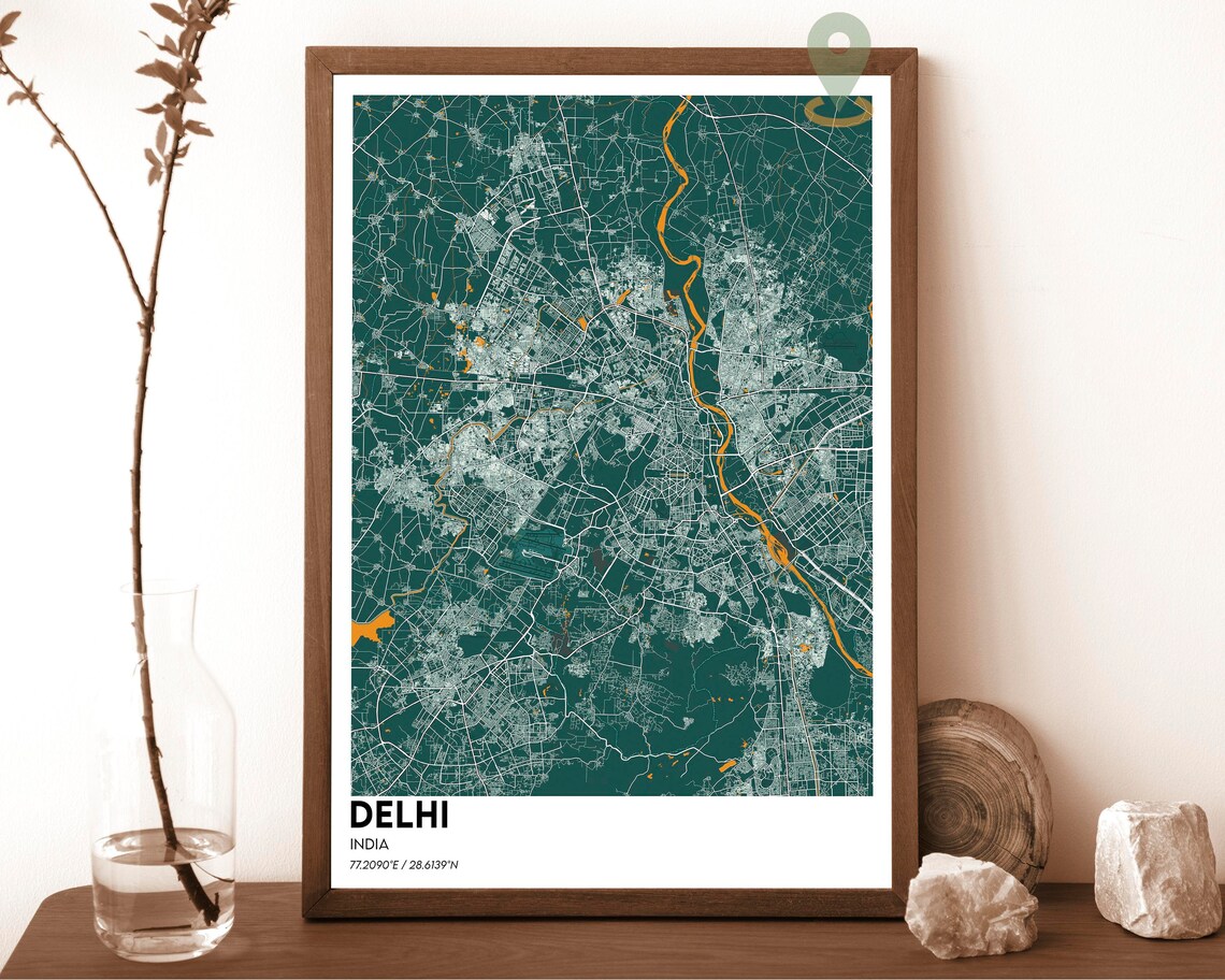 Delhi India Dark Teal Orange River Modern City Map Art Poster