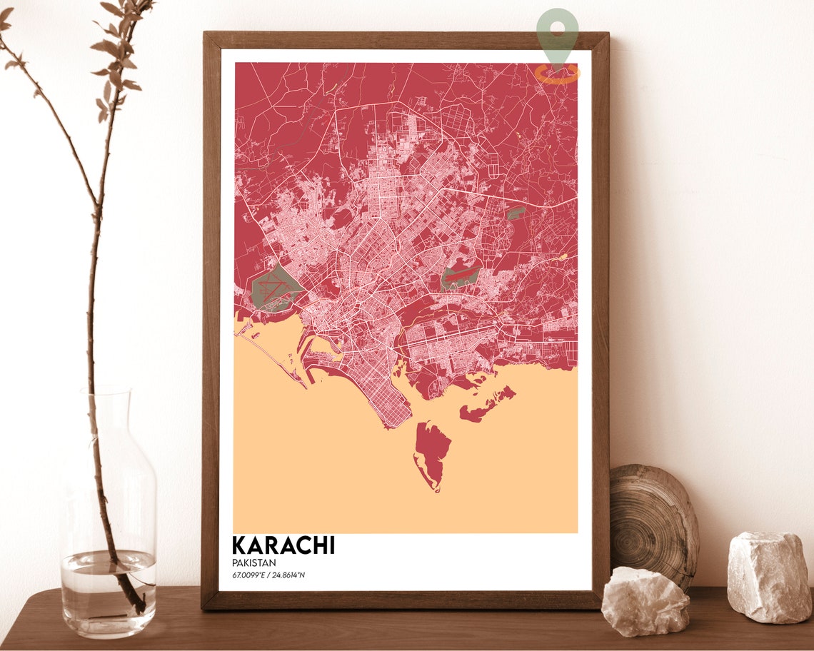 Karachi Pakistan City Map Poster Modern Red Minimalist Design Art