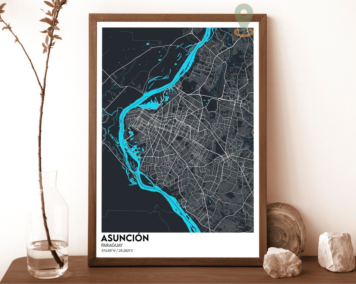 Asuncion Paraguay Dark City Map With Bright Blue River Poster