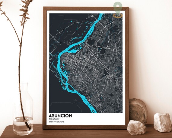 Asuncion Paraguay Dark City Map With Bright Blue River Poster