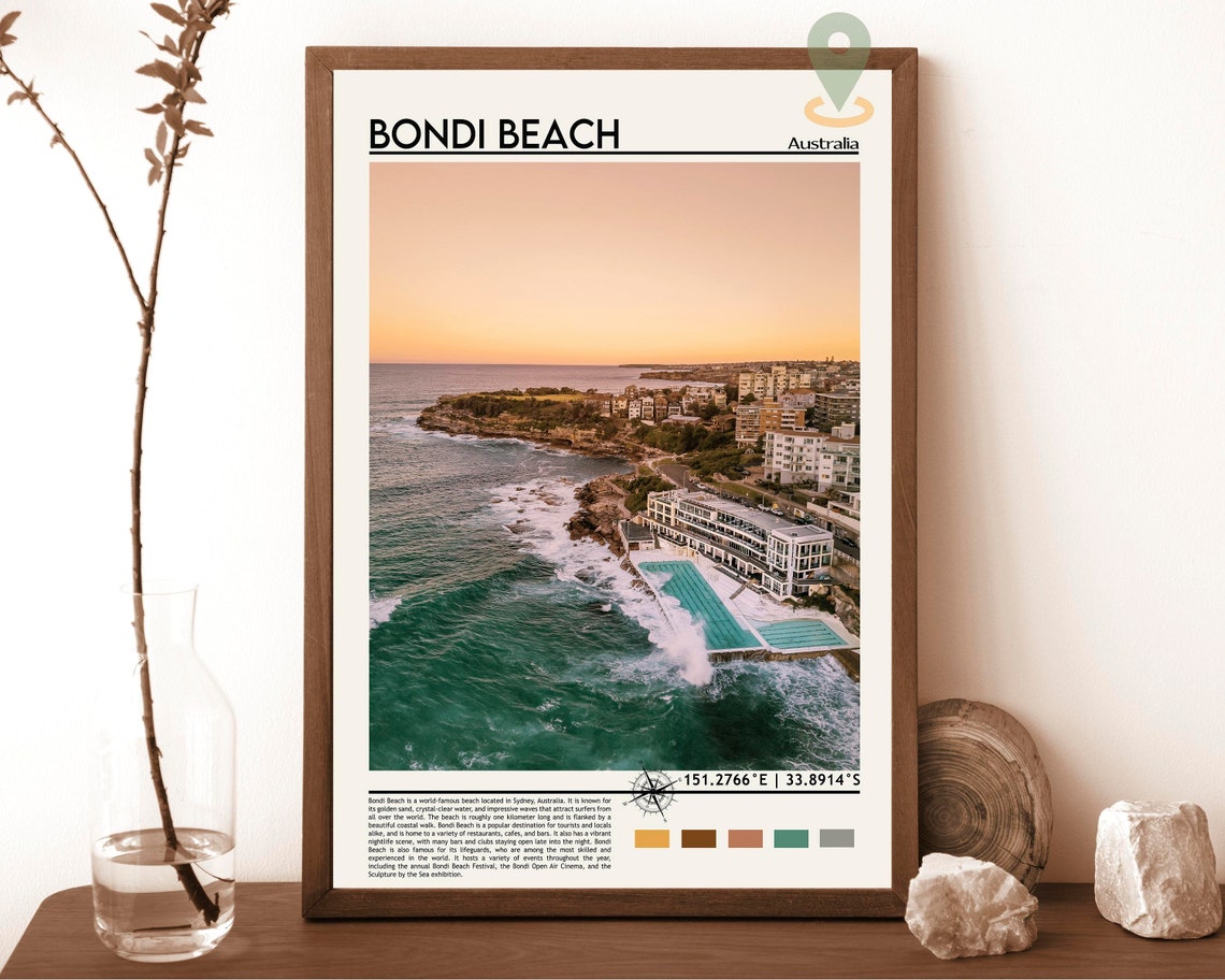 Bondi Beach Sydney Australia Golden Sunset Coastal Beach Travel Poster