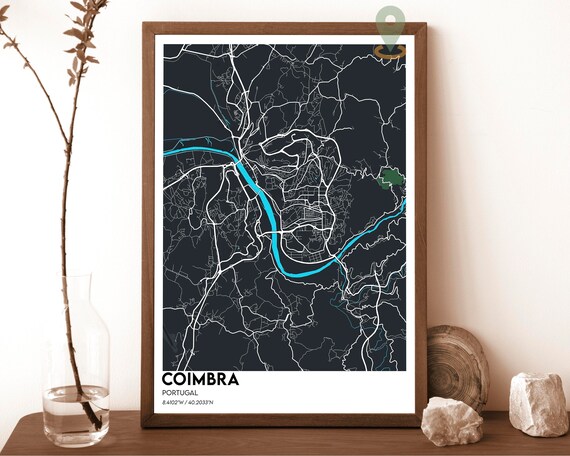 Coimbra Portugal Historic Dark Cyan River City Map Art Poster