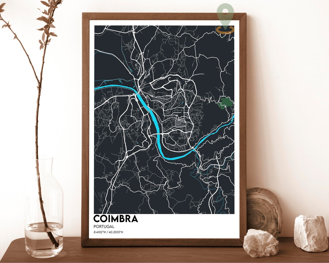 Coimbra Portugal Historic Dark Cyan River City Map Art Poster