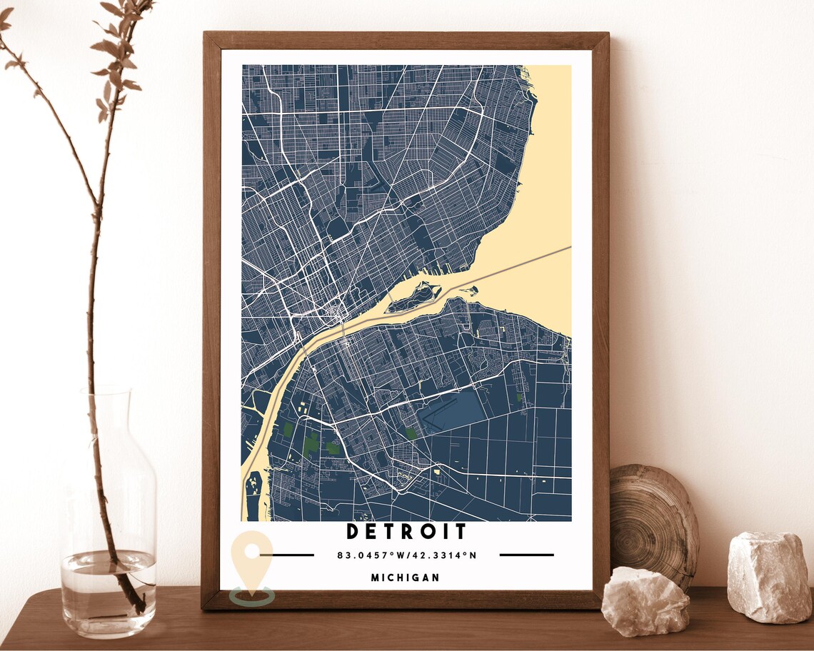 Detroit Michigan Navy Yellow City Street Map Coordinates Travel Poster - Image 2