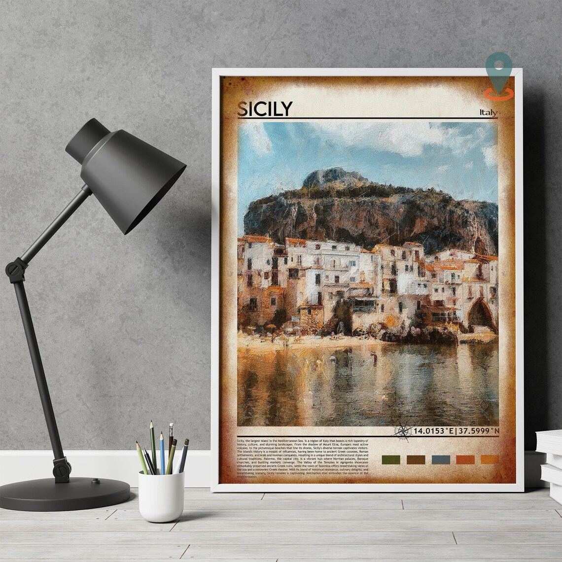Sicily Italy Charming Seaside Village Rocky Cliff Painterly Poster - Image 4