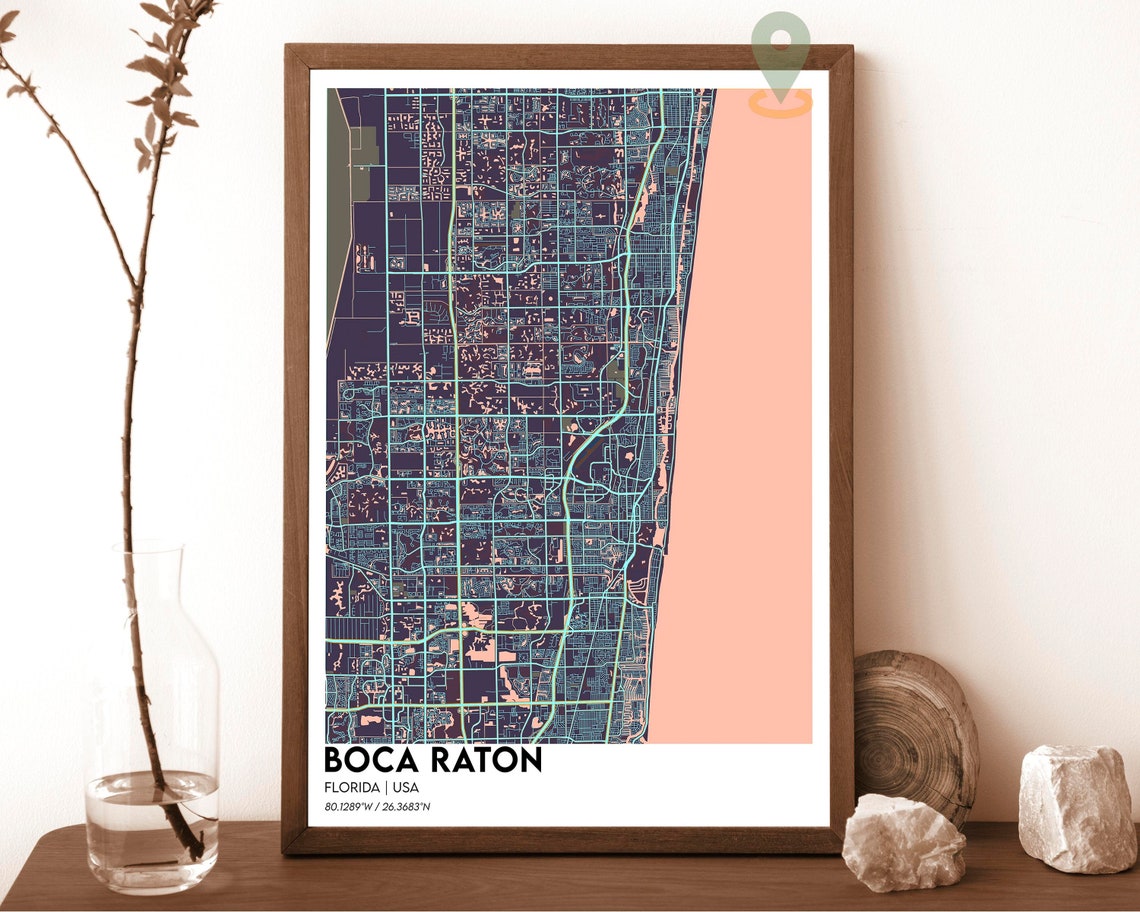 Boca Raton Florida City Map Poster Navy Mint Coastal Modern Art