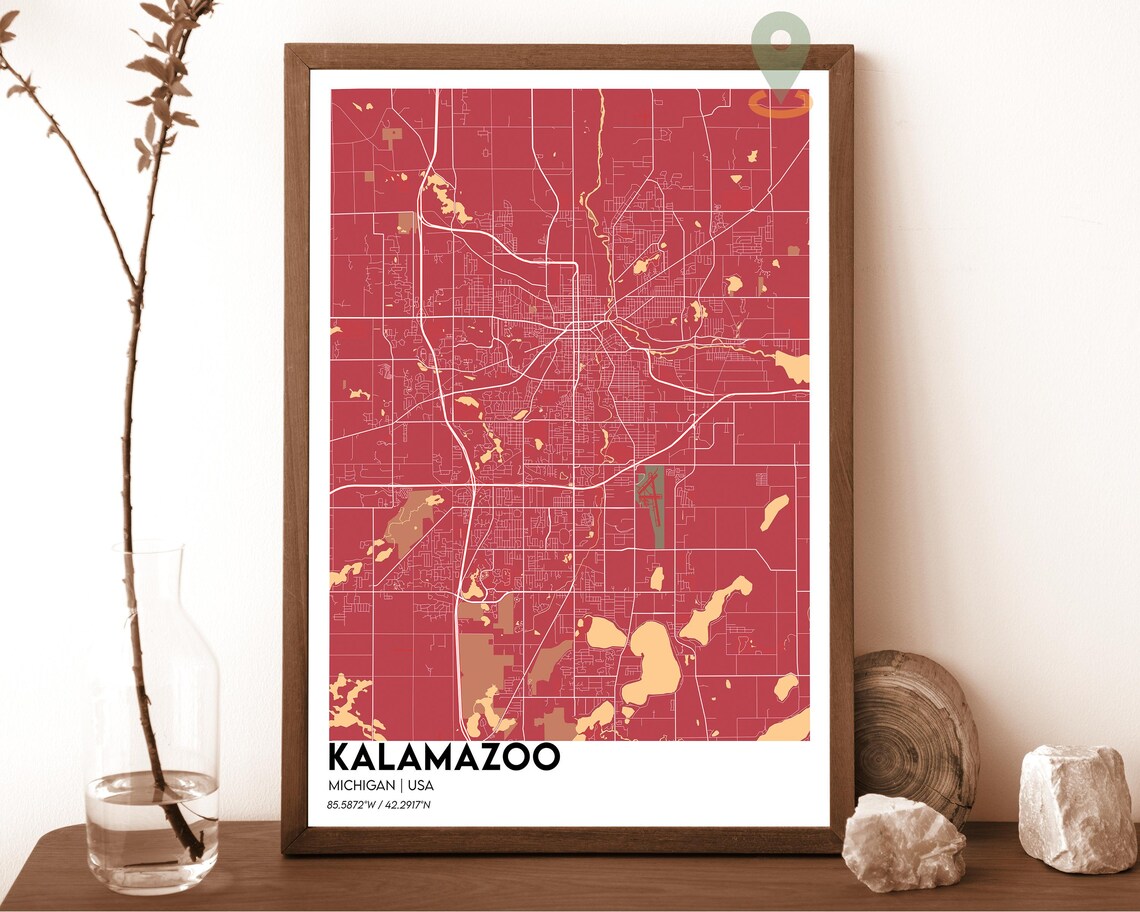 Kalamazoo Michigan Cream Burgundy Minimalist City Map Wall Art - Image 4