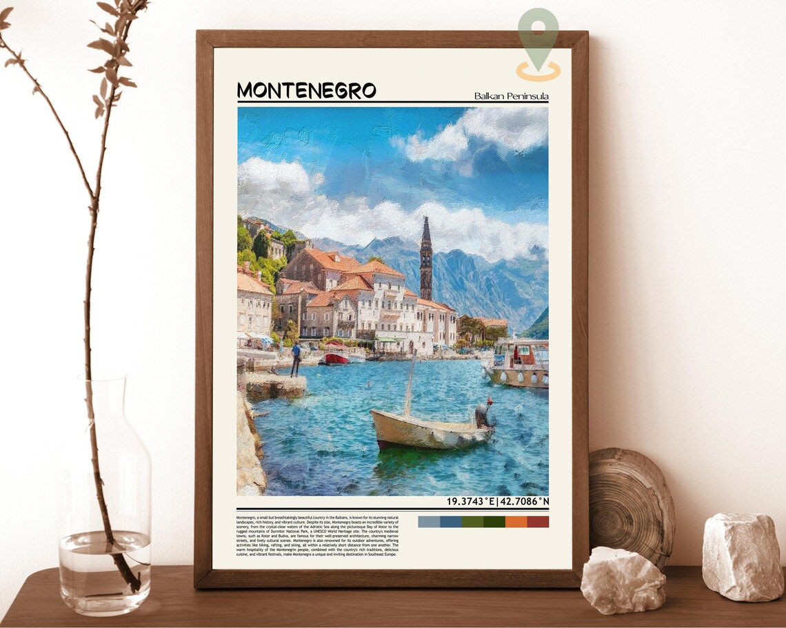 Montenegro Balkan Peninsula Harbor Boats Coastal Travel Poster