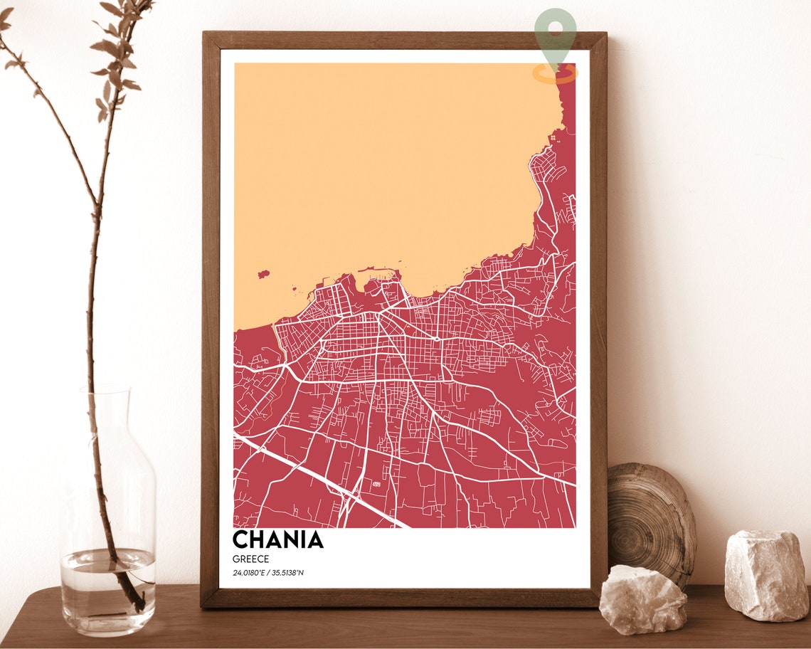 Chania Greece Navy Blue Crete Coast Modern City Map Design Poster - Image 3