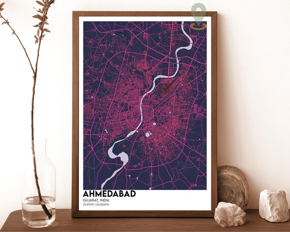 Ahmedabad India Magenta Night City Street Map Art Decor Poster