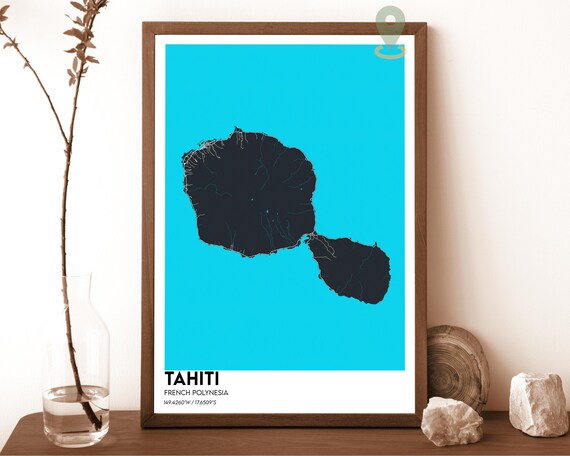 Tahiti French Polynesia Island Map Navy on Cyan Graphic Poster