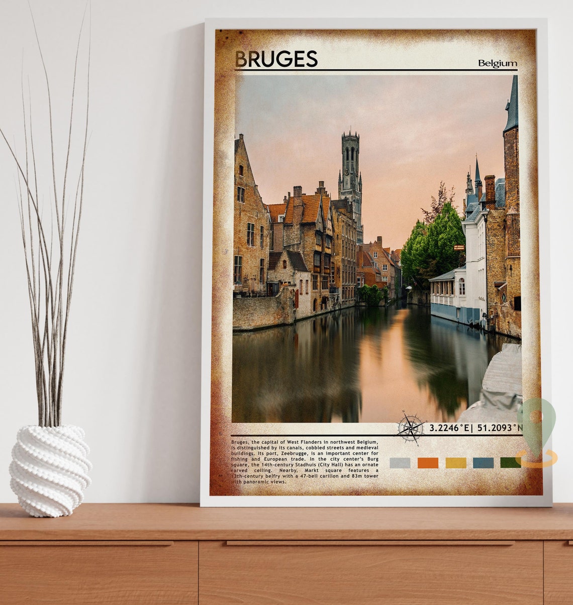 Bruges Belgium Medieval Canal Sunset Reflection Photo Travel Poster - Image 3