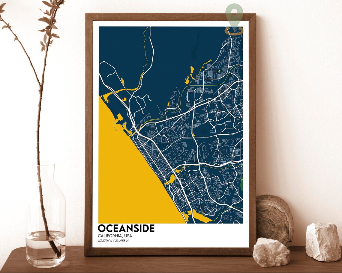 Oceanside California Dark Street Map Cyan Ocean Surf Art Poster - Image 2
