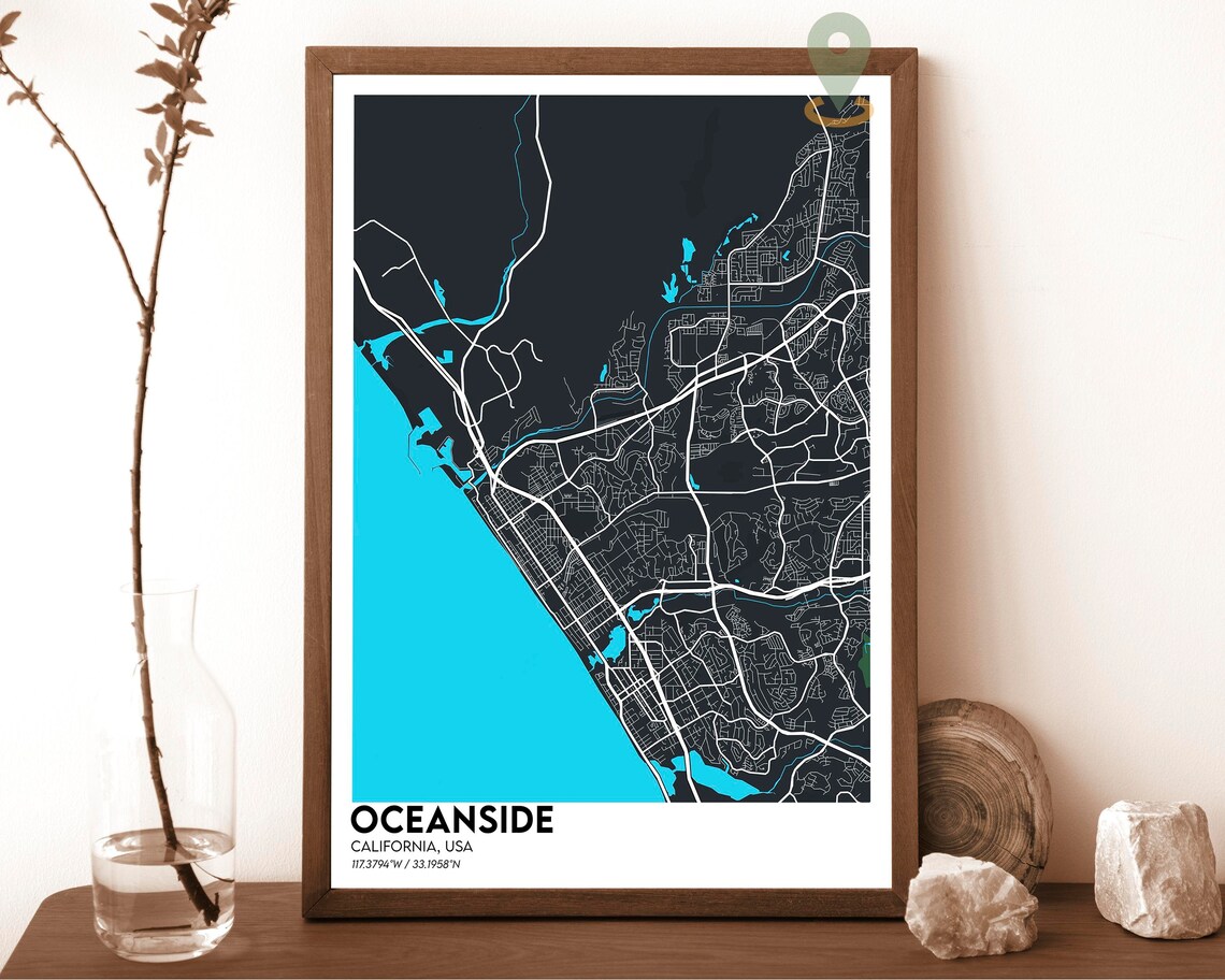 Oceanside California Dark Street Map Cyan Ocean Surf Art Poster