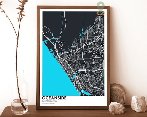 Oceanside California Dark Street Map Cyan Ocean Surf Art Poster