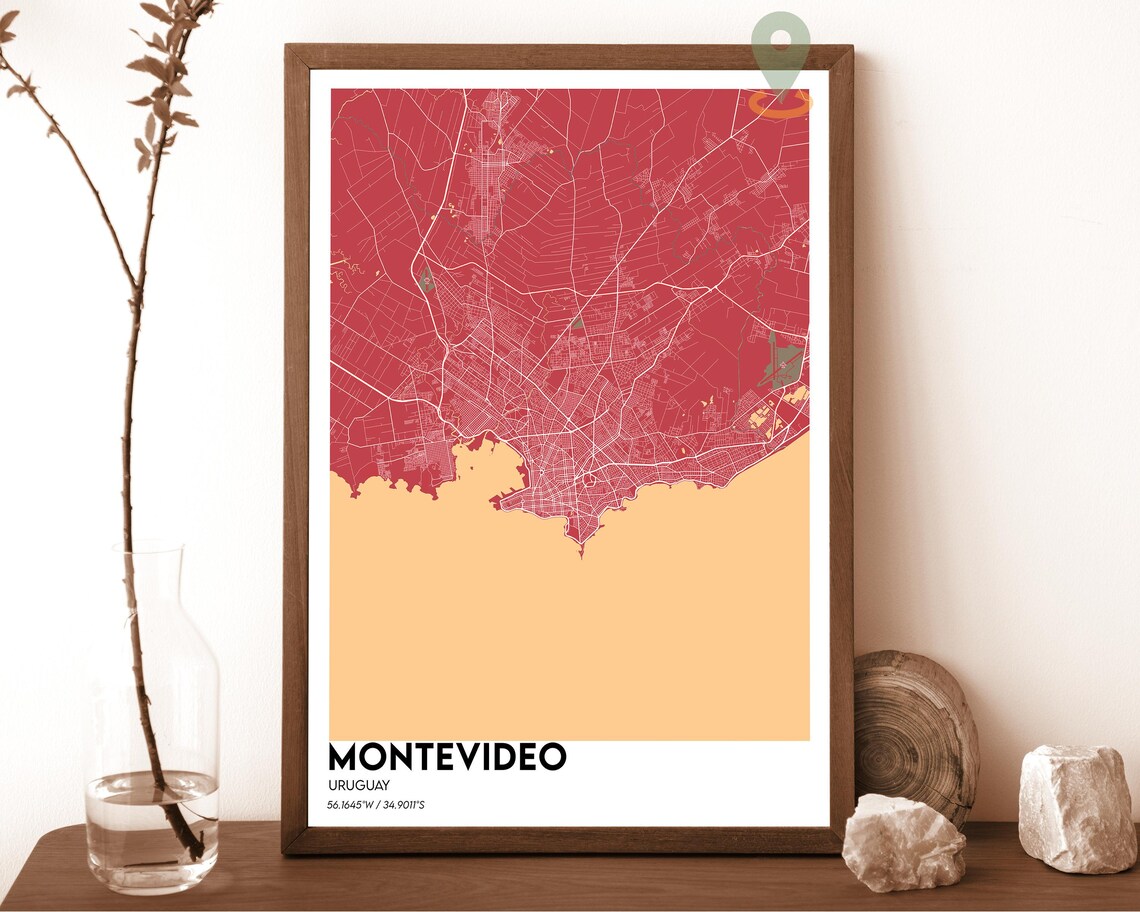 Montevideo Uruguay navy with a gold coastline Street Map Coordinates Poster - Image 4