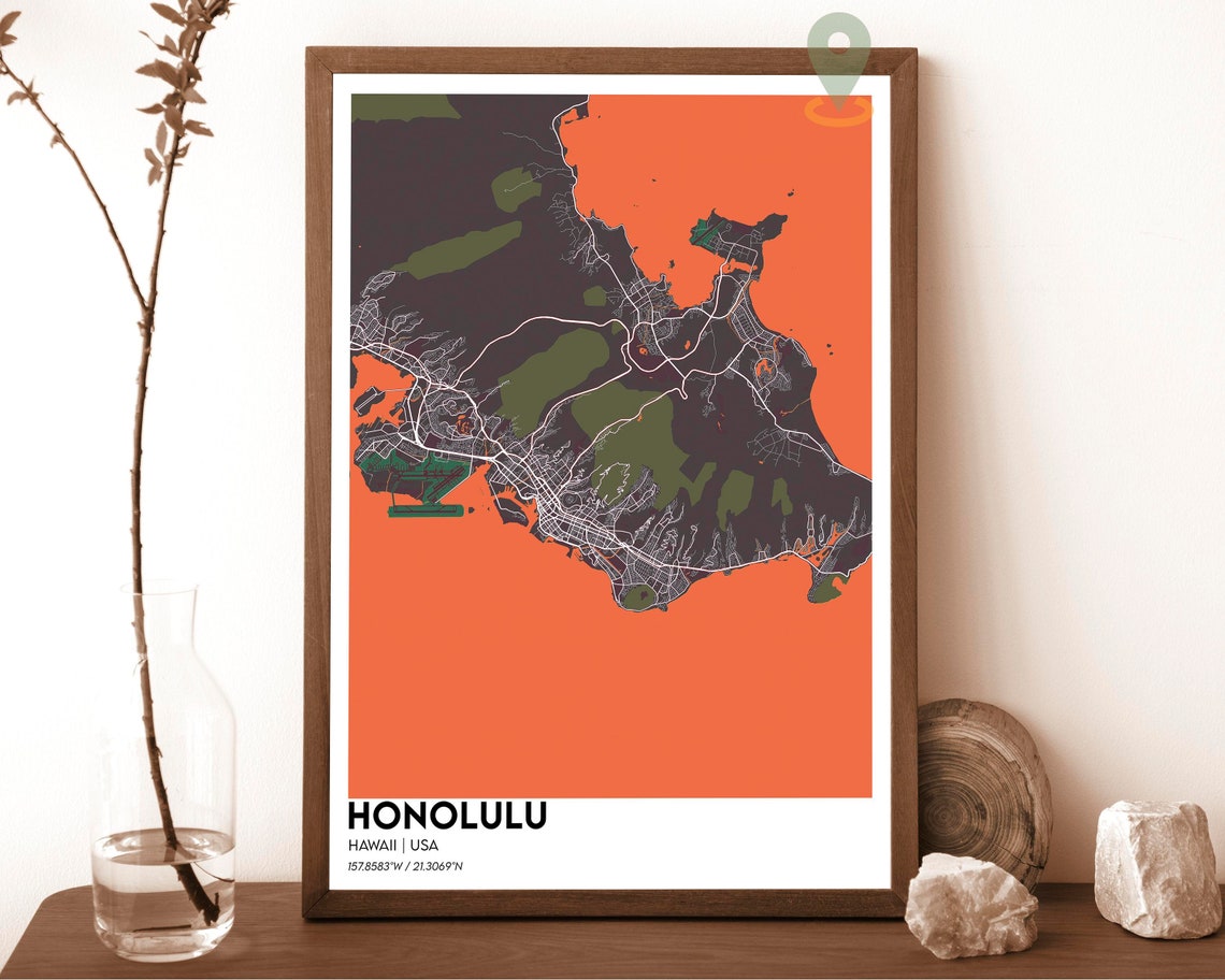 Honolulu Hawaii Oahu Island Dark Blue Ocean Map Beach Art Poster - Image 4