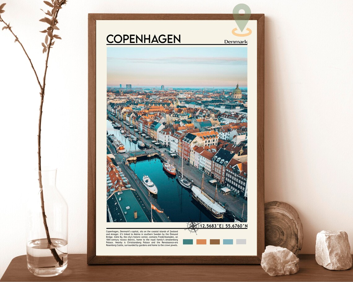Copenhagen Denmark Nyhavn Harbor Aerial City View Europe Travel Poster
