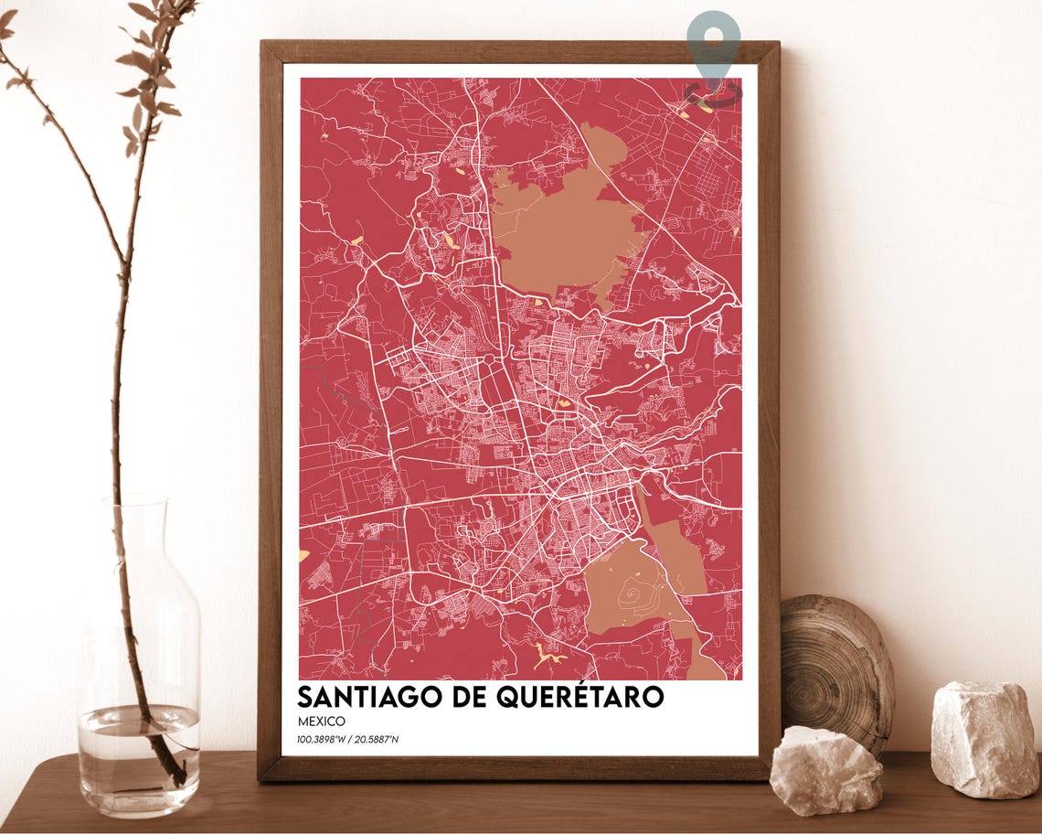 Santiago de Queretaro Mexico Crimson Red City Map Home Decor Poster