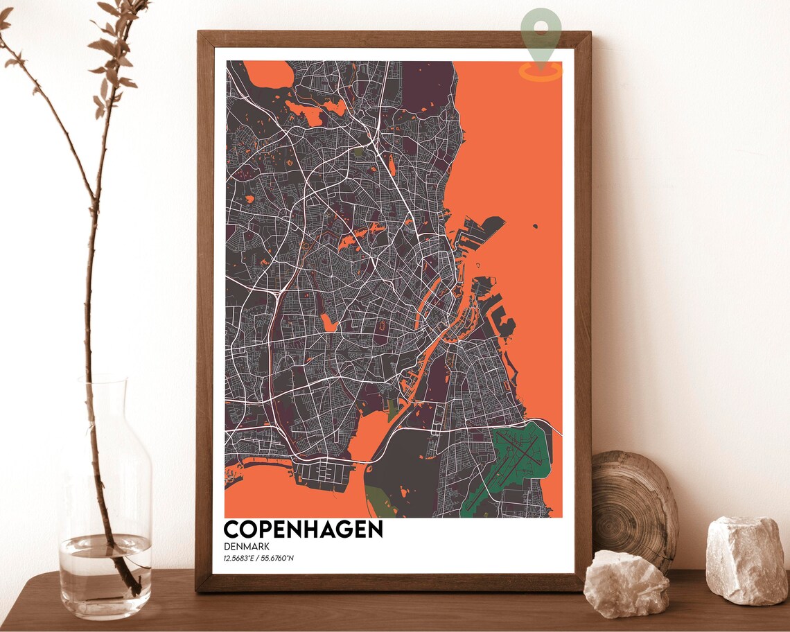Copenhagen Denmark Street Map Orange Modern Art Print for Scandinavian Homes