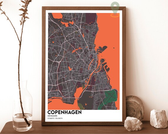Copenhagen Denmark Street Map Orange Modern Art Print for Scandinavian Homes