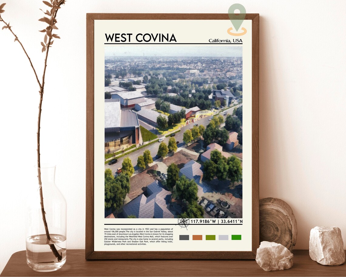 West Covina California Aerial Neighborhood Painterly Photo Art Poster