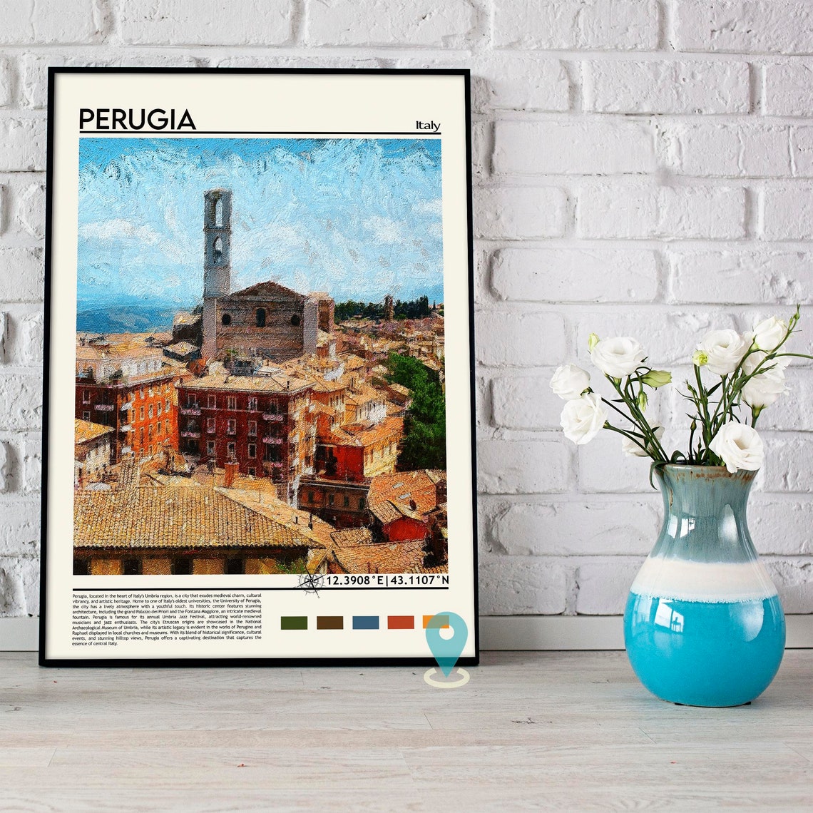 Perugia Italy Hilltop Old Town Bell Tower Painterly View Poster - Image 5