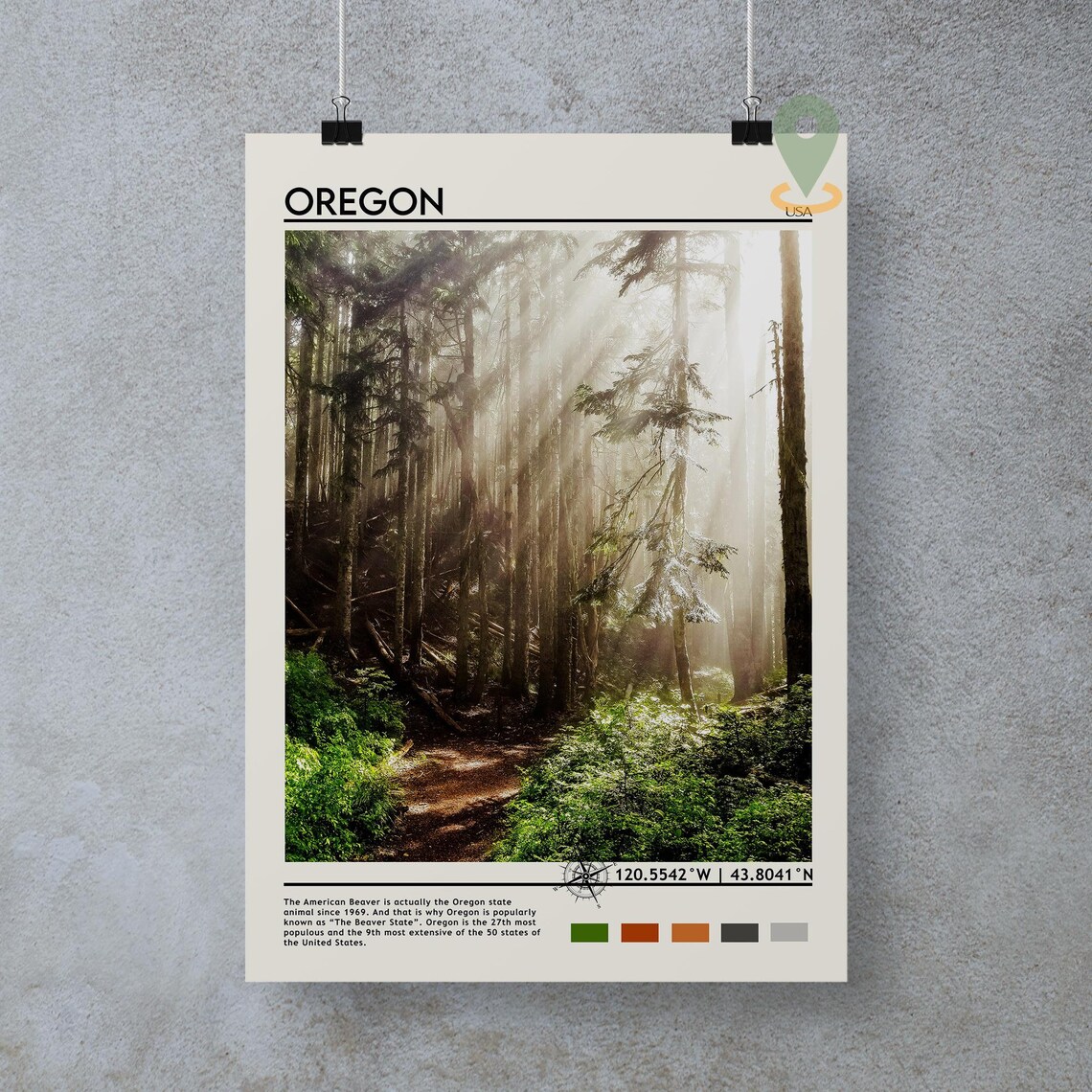 Oregon USA Misty Evergreen Forest Sunbeam Nature Travel Poster - Image 3