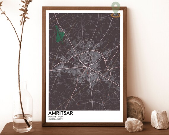 Amritsar Punjab India Modern Dark Style City Street Map Poster