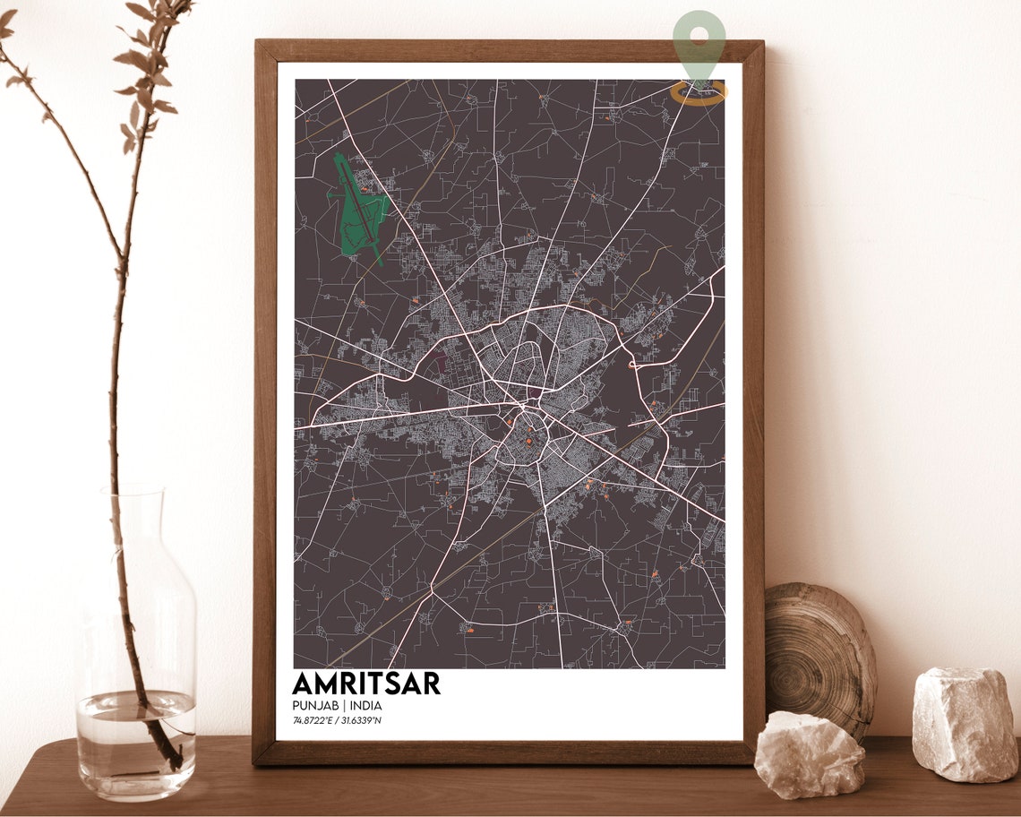 Amritsar Punjab India Modern Dark Style City Street Map Poster
