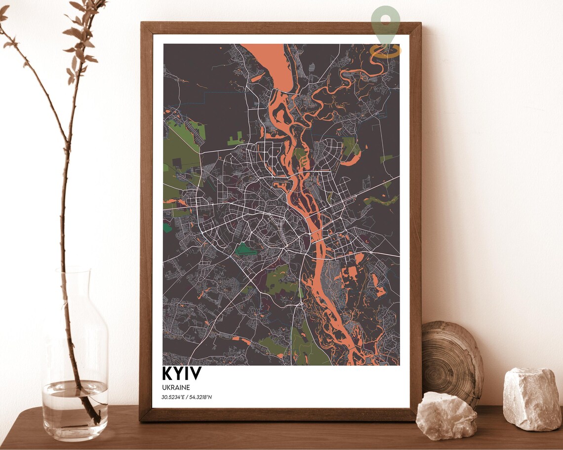 Kyiv Ukraine Dark Dnipro River Cyan Minimalist City Map Poster - Image 3