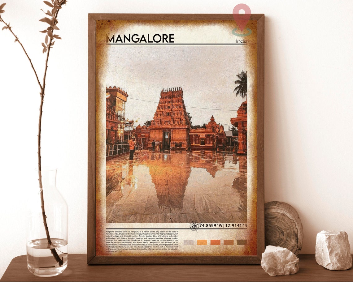Mangalore India Ancient Temple Tower Wet Courtyard Reflection Poster - Image 6