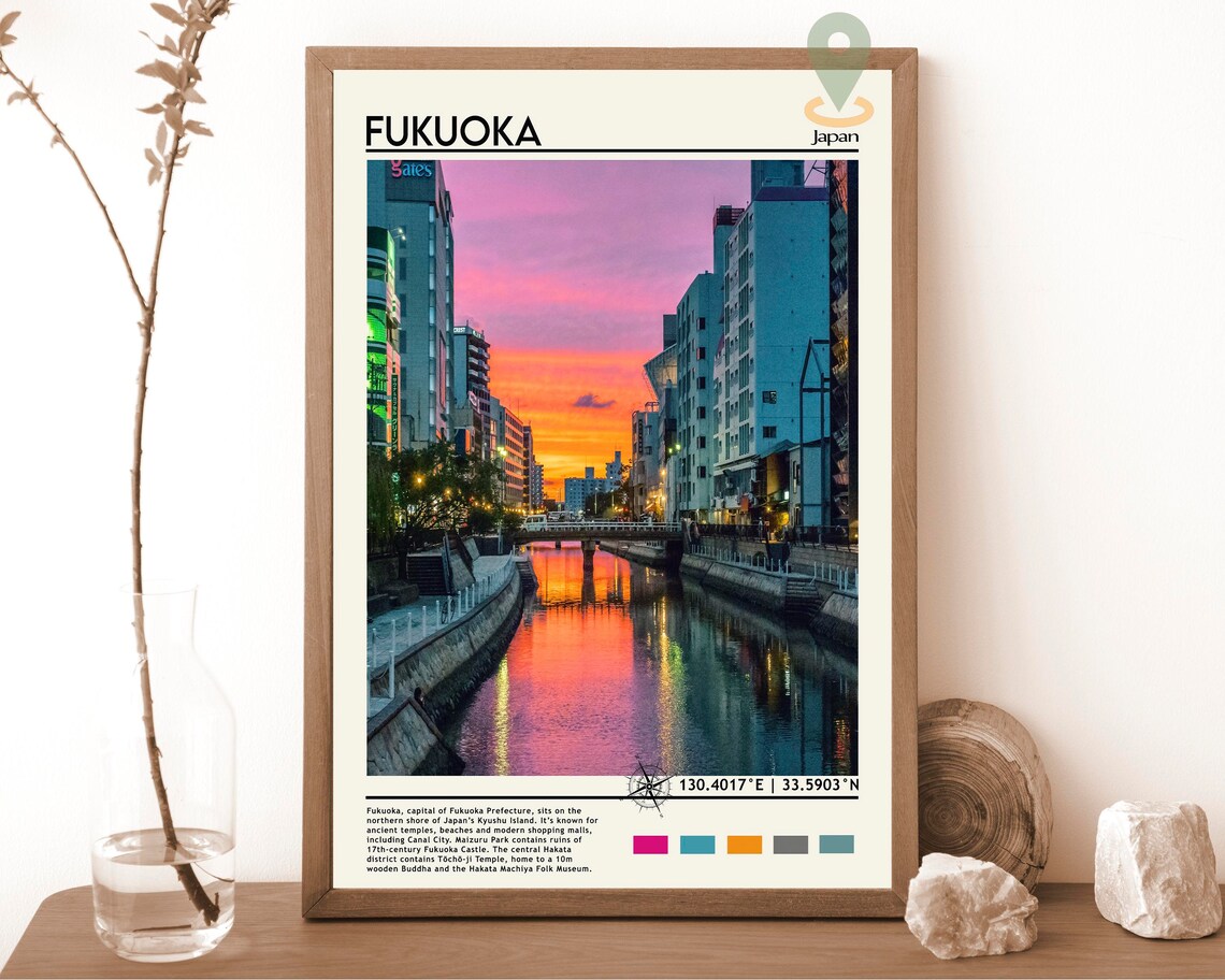 Fukuoka Japan Canal City Sunset Vivid Orange Sky Travel Poster