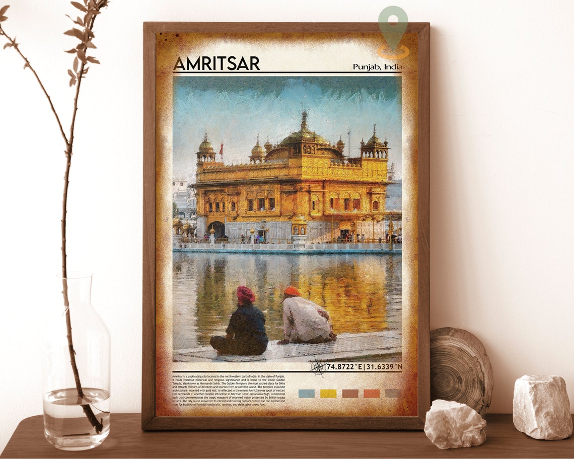Amritsar India Golden Temple Reflection Painting Travel Poster - Image 6
