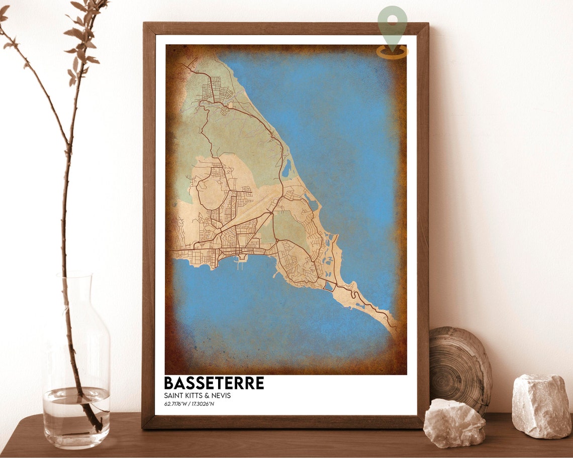 Basseterre Saint Kitts Nevis Vintage Antique City Map Poster