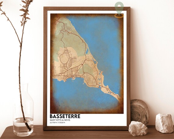 Basseterre Saint Kitts Nevis Vintage Antique City Map Poster