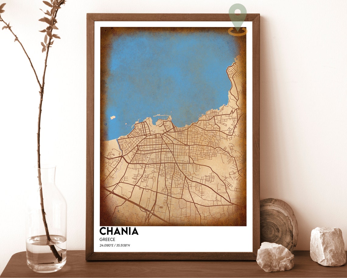 Chania Greece Navy Blue Crete Coast Modern City Map Design Poster - Image 2