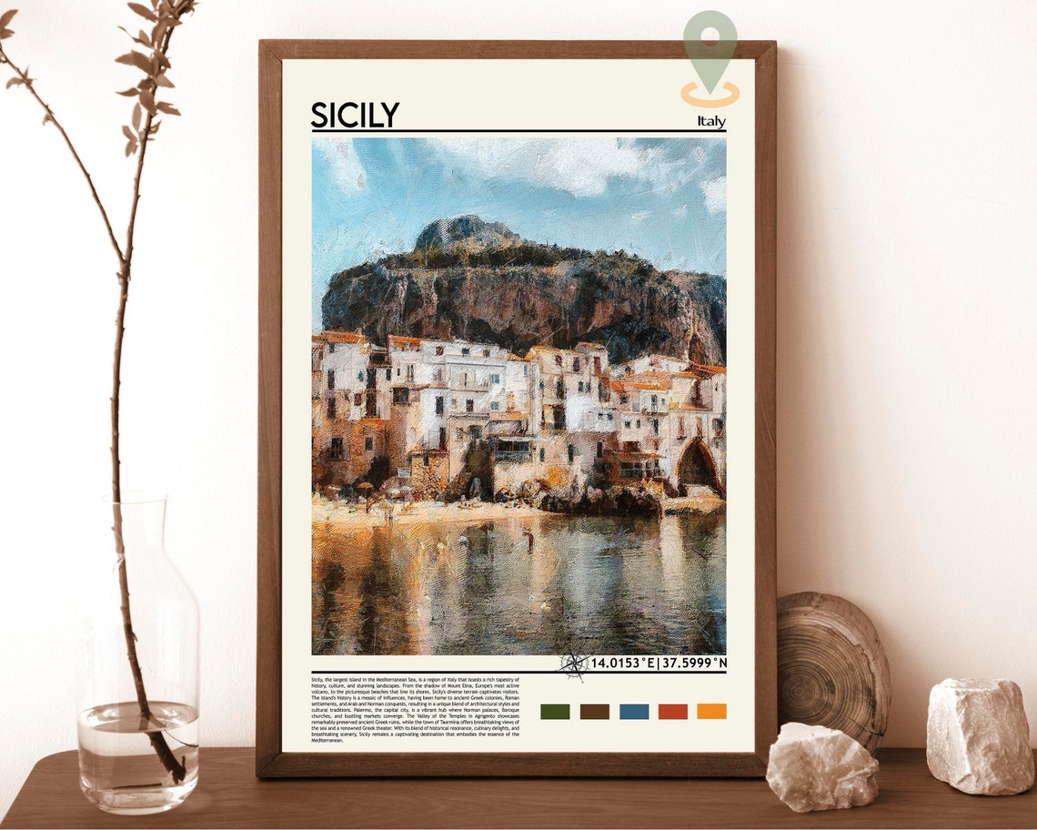 Sicily Italy Charming Seaside Village Rocky Cliff Painterly Poster