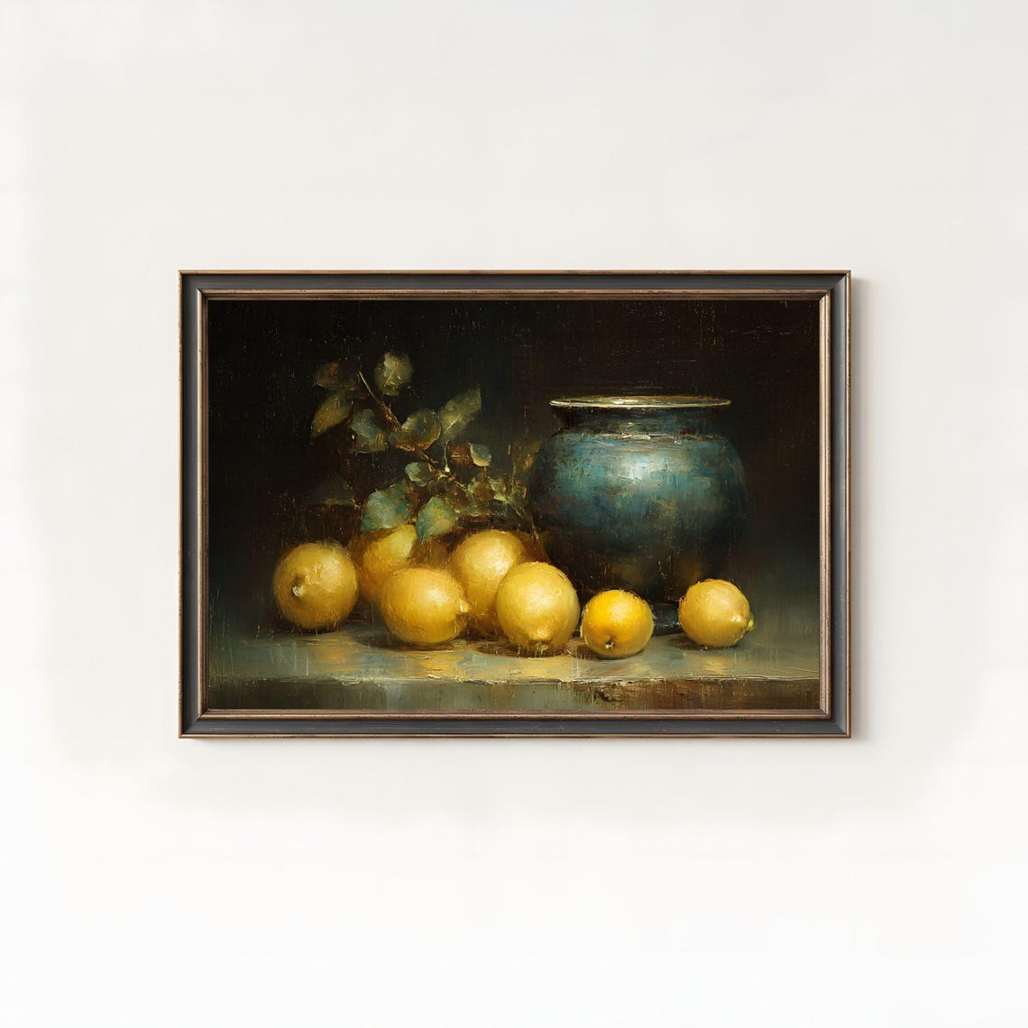 Sunny Lemons with Blue Ceramic Pot Moody Oil Painting Poster