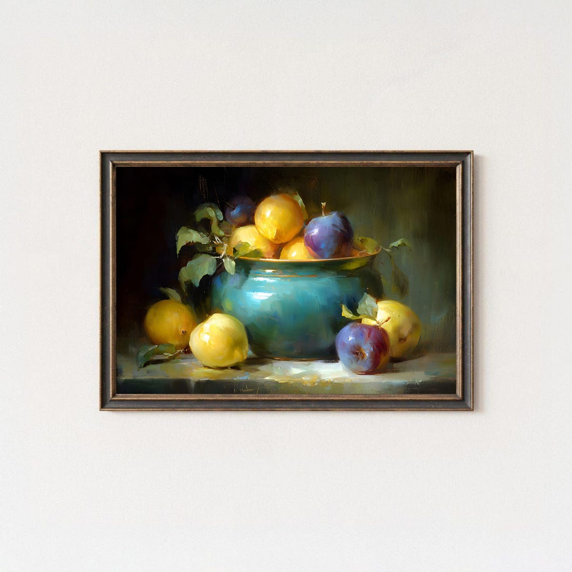 Vintage Fruit Still Life Oil Painting Lemons Plums Kitchen Poster