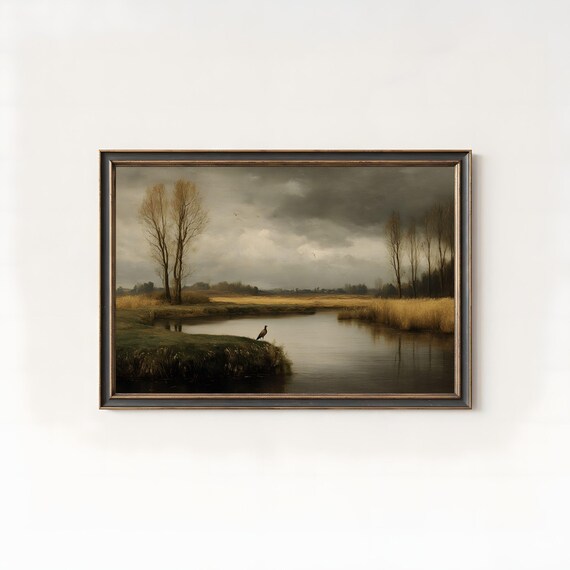 Vintage Autumn River Oil Painting Nature Fall Landscape Wall Art 215